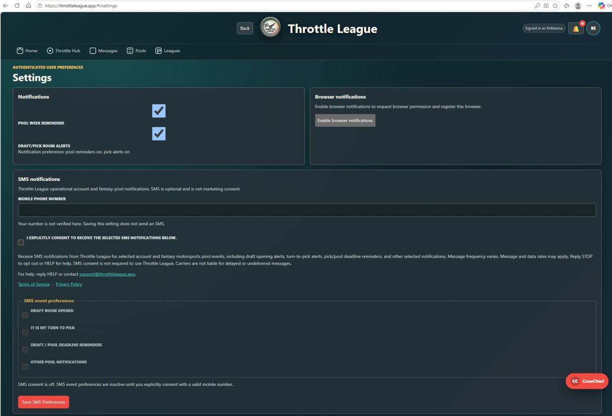 Throttle League settings page with notification preferences.