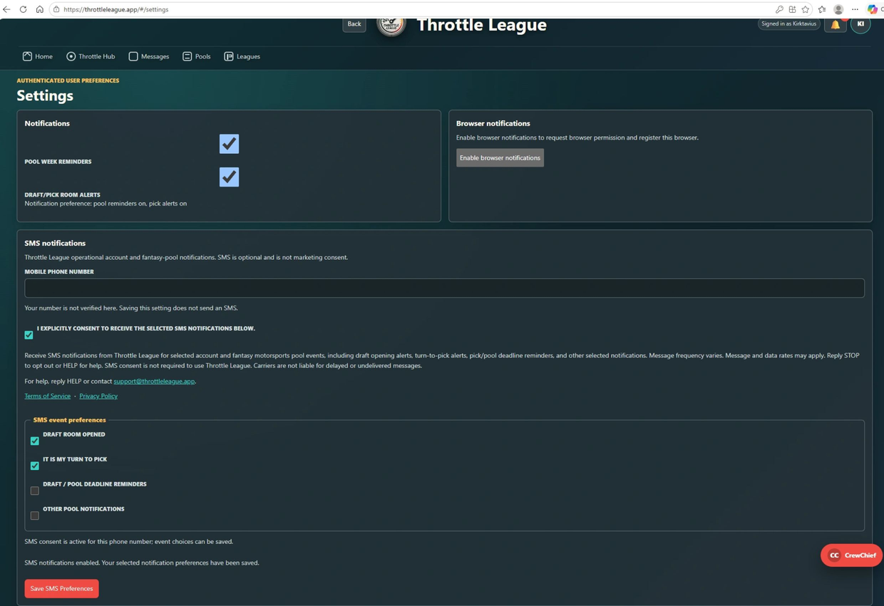 Throttle League settings page showing notification and SMS preferences.