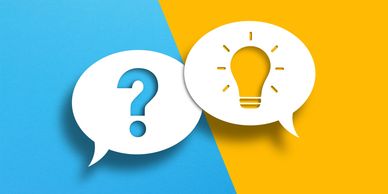 Question and idea symbols in speech bubbles.