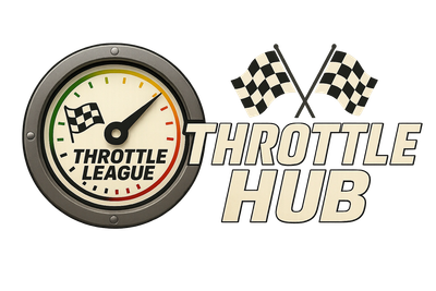 Logo featuring a speedometer and checkered flags with 'Throttle League Throttle Hub' text.